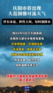 慶陽市將出現(xiàn)大范圍強對流天氣，伴有冰雹、陣性大風(fēng)、短時強降水